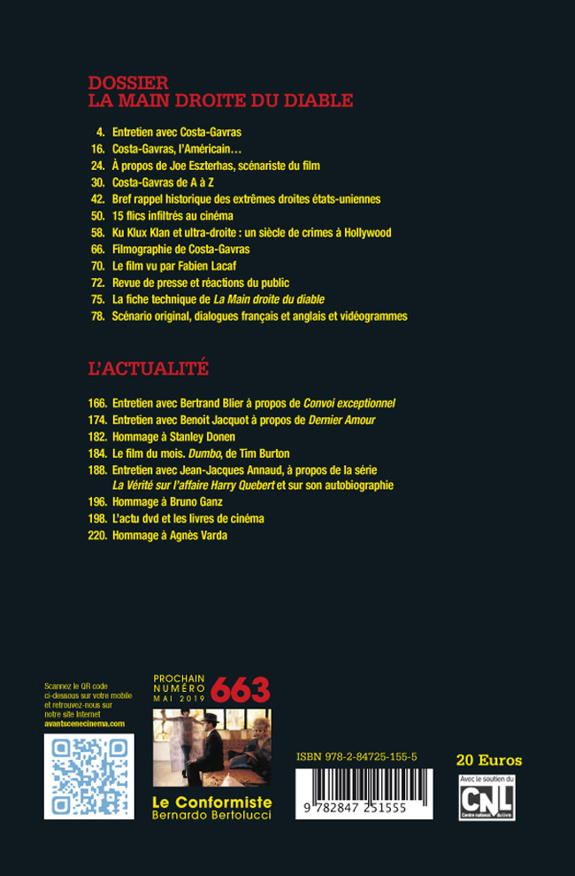 4ème de couverture du numéro 661-662 de l'Avant-Scène Cinéma - La main droite du diable de Costa Gavras